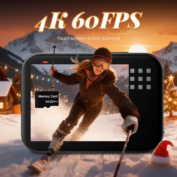 4K60FPS Action Cam 64MP, 15M Nackte Wasserdicht Unterwasserkamera mit 64 GB Karte, 8X Zoom ActionKam