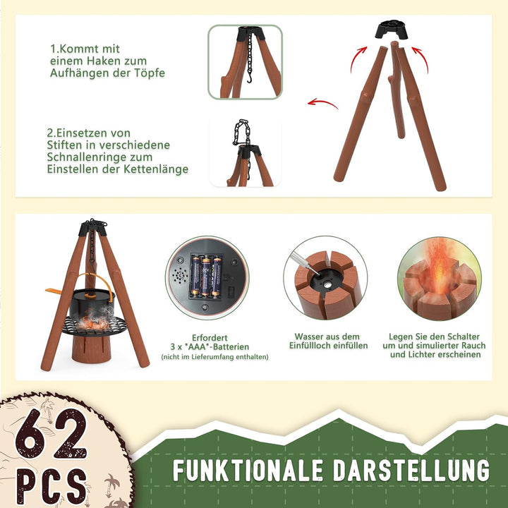 Fisca 62PCS Kinder Spielzelt - Campingzelt mit Ausrüstung & Werkzeug, Abenteuer Camping Set für Klei