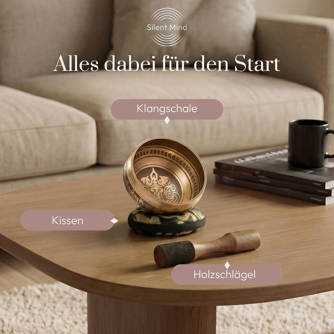 Silent Mind Klangschale Ø10cm Bronze – Handgefertigtes Komplett-Set mit Kissen und Klöppel, für Anfä