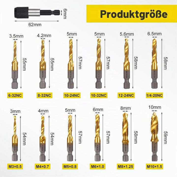 HSEAMALL 13 Stück Gewindebohrer Set,Kombi-Bohrer Gewindebohrer Bit Satz 6mm HSS M3-M10 Gewindeschnei