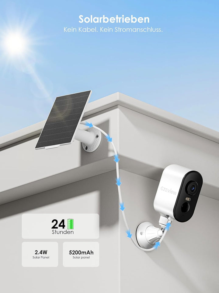 CZEview Solar Überwachungskamera Aussen Kabellos 5200mAh Akku Magnetische Installation 300°Schwenk N