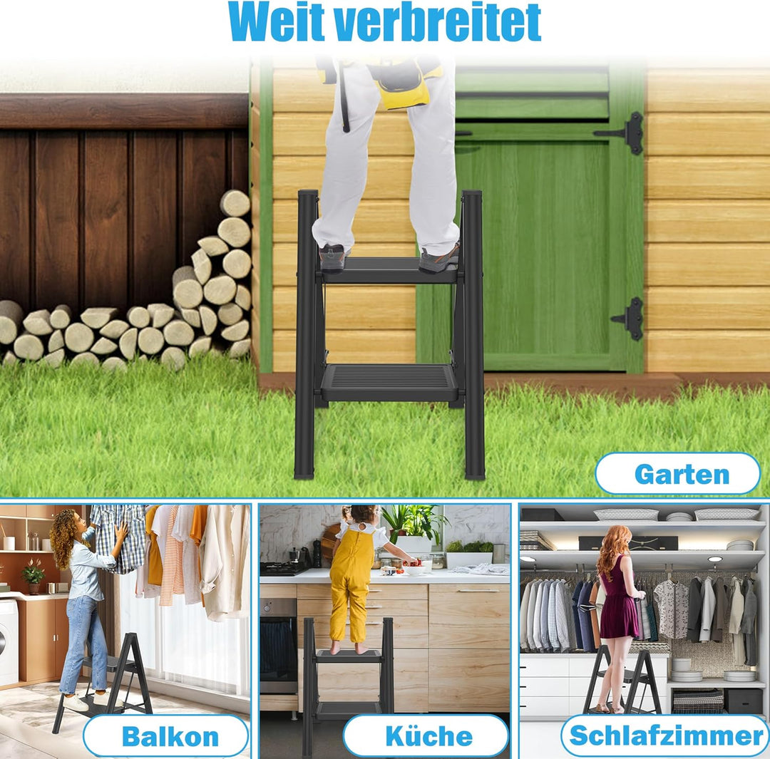 Klappbar Leiter 2-stufige Trittleiter belastbar bis 270 kg,Schwarz | Metall Trittleiter, rostbeständ