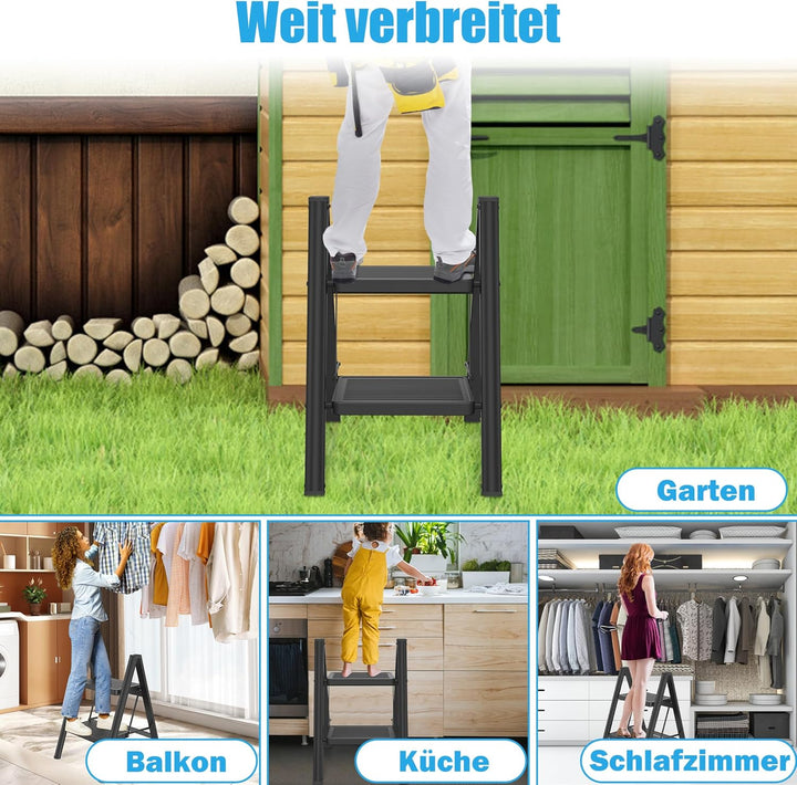 Klappbar Leiter 2-stufige Trittleiter belastbar bis 270 kg,Schwarz | Metall Trittleiter, rostbeständ