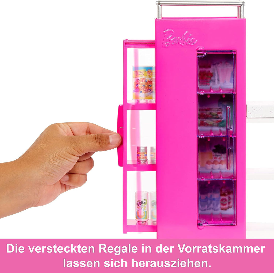 BARBIE Vorratskammer Spielset - Barbie Puppe mit über 25 Teilen und Küchenaccessoires - Perfekt für