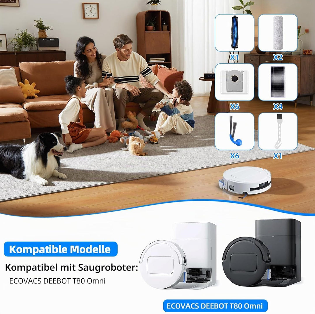 T80 Zubehör | 20 Stück Ersatzteile für Ecovacs Deebot T80 Omni Saugroboter,6 Staubbeutel, 2 Roller W