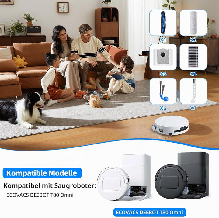 T80 Zubehör | 20 Stück Ersatzteile für Ecovacs Deebot T80 Omni Saugroboter,6 Staubbeutel, 2 Roller W