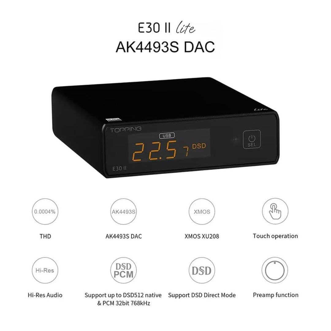 TOPPING E30II Lite HiFi DAC 1×AK4493S 32bit/768kHz XMOS XU208 USB/Opt/Coax Eingang RCA Ausgang Home