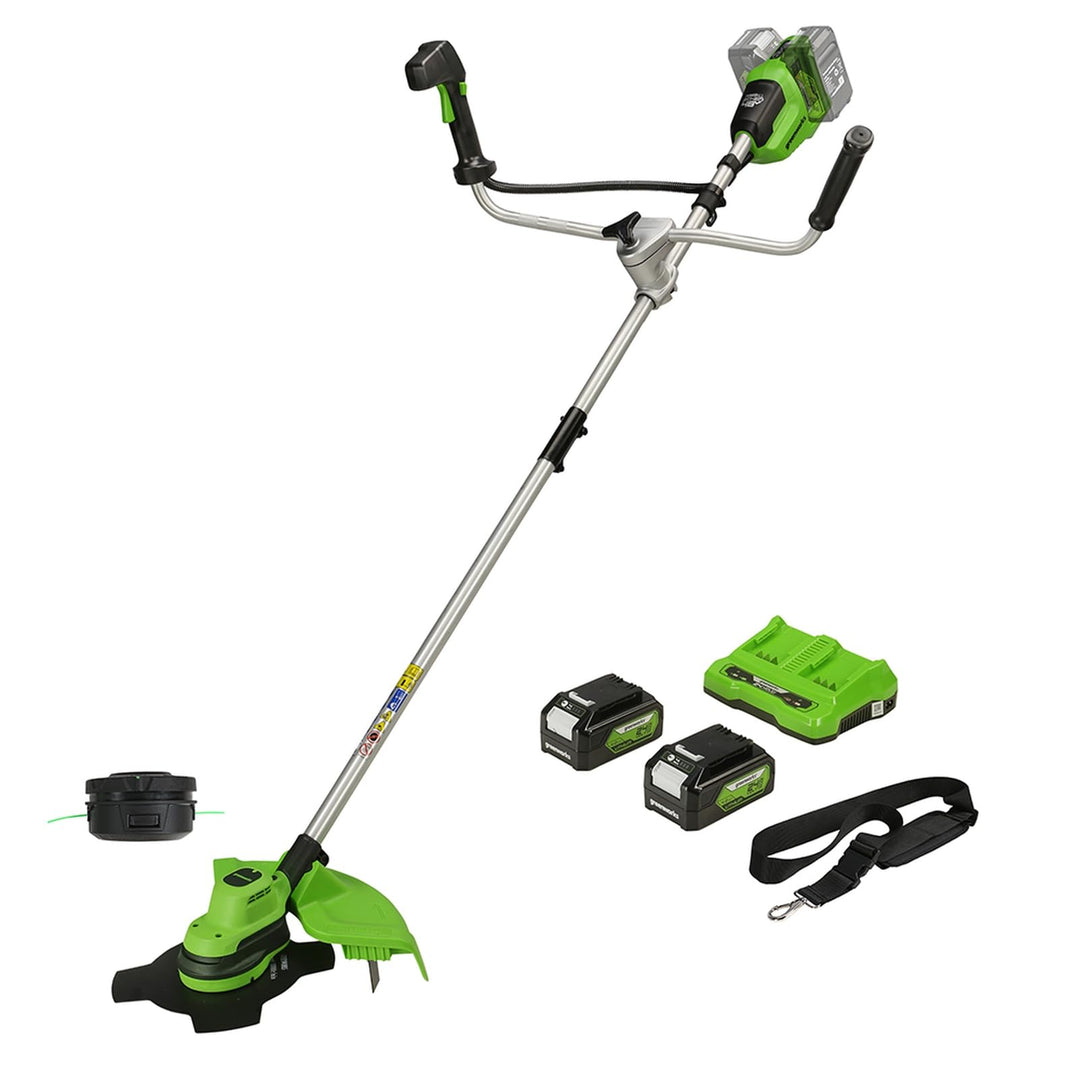Greenworks GD24X2BCBK4x Akku Freischneider mit bürstenlosem Motor, Geschirr, Motorradgriff, 38 cm Sc