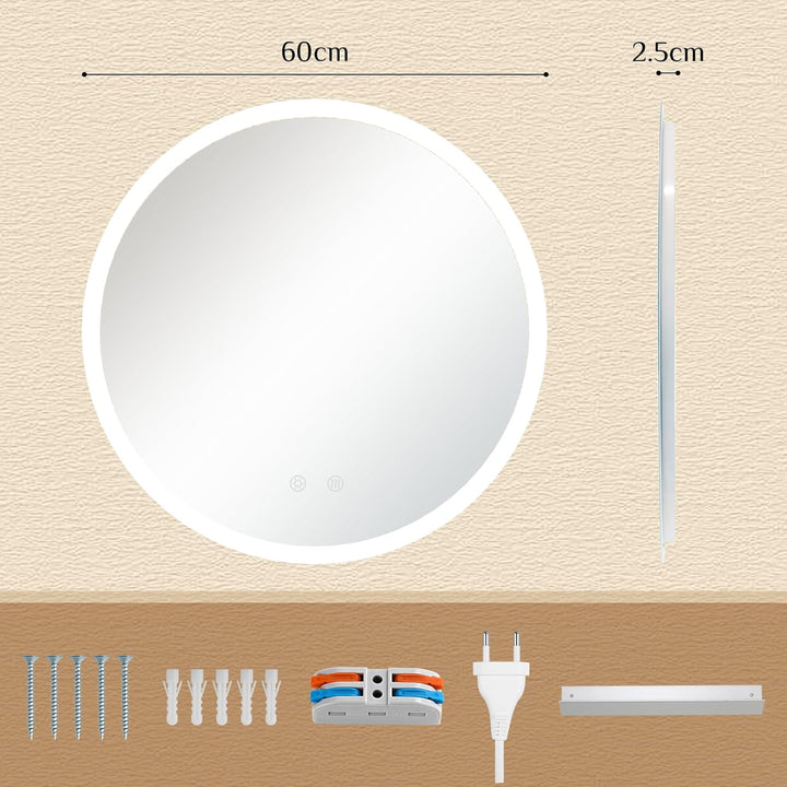 Clevich Badspiegel mit Beleuchtung rund 60 cm, LED Spiegel mit 3 Lichtfarben dimmbar, gehärtetes Gla