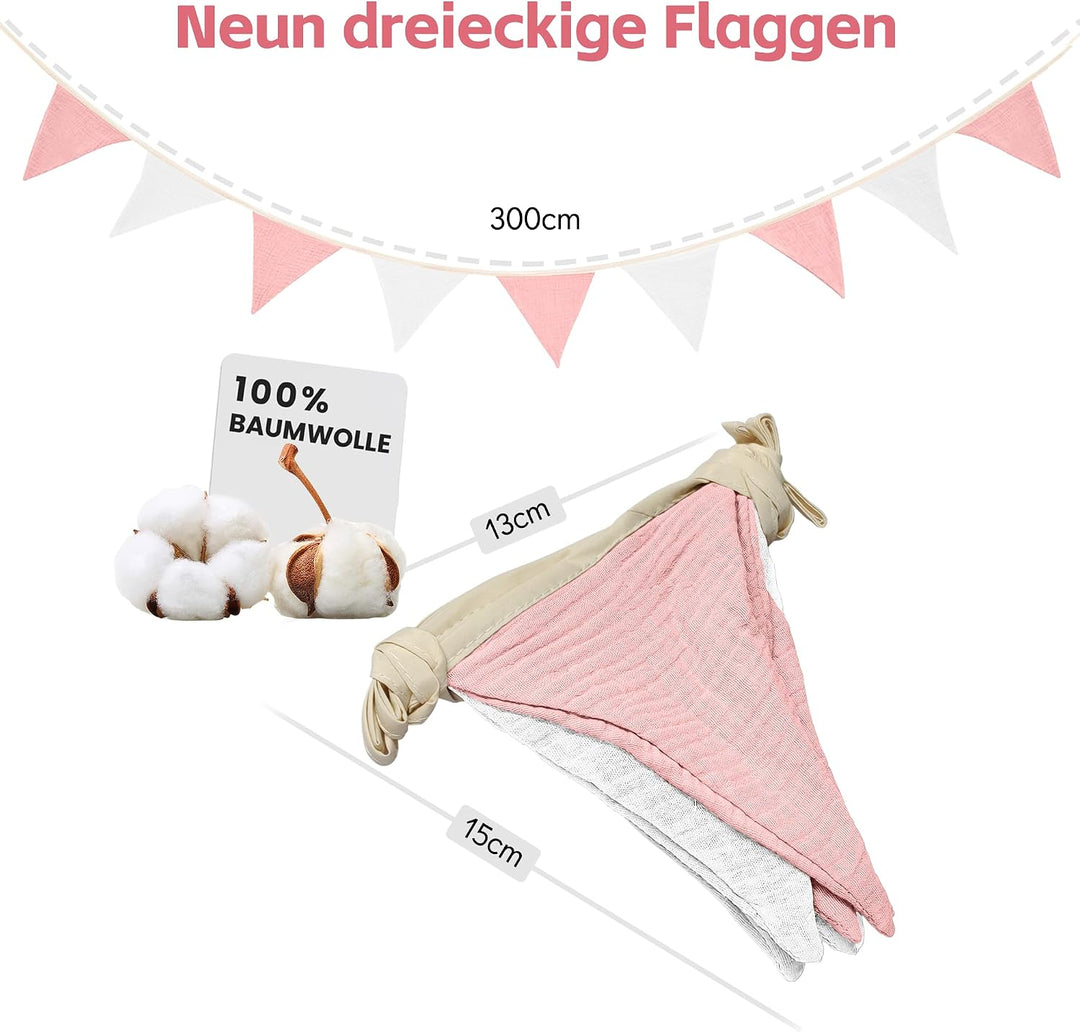 iLuane Kinderbett Baldachin Rosa mit 3 m Baumwoll-Wimpelgirlande, Hausbett Deko Set mit 2 Tüll Vorhä