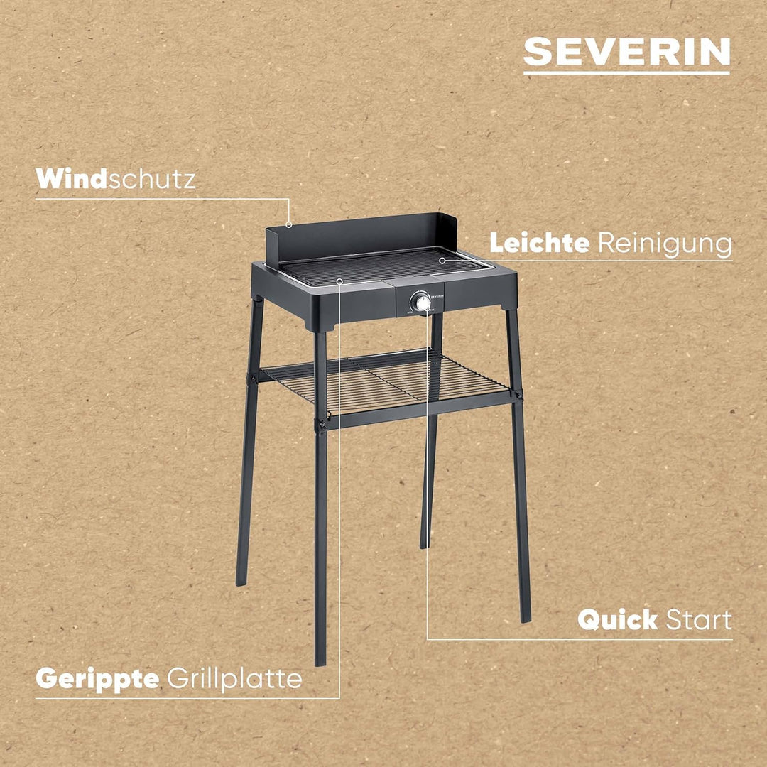 SEVERIN Standgrill mit Aluminium-Grillplatte und Standuntergestell mit Ablagerost, Elektrogrill mit