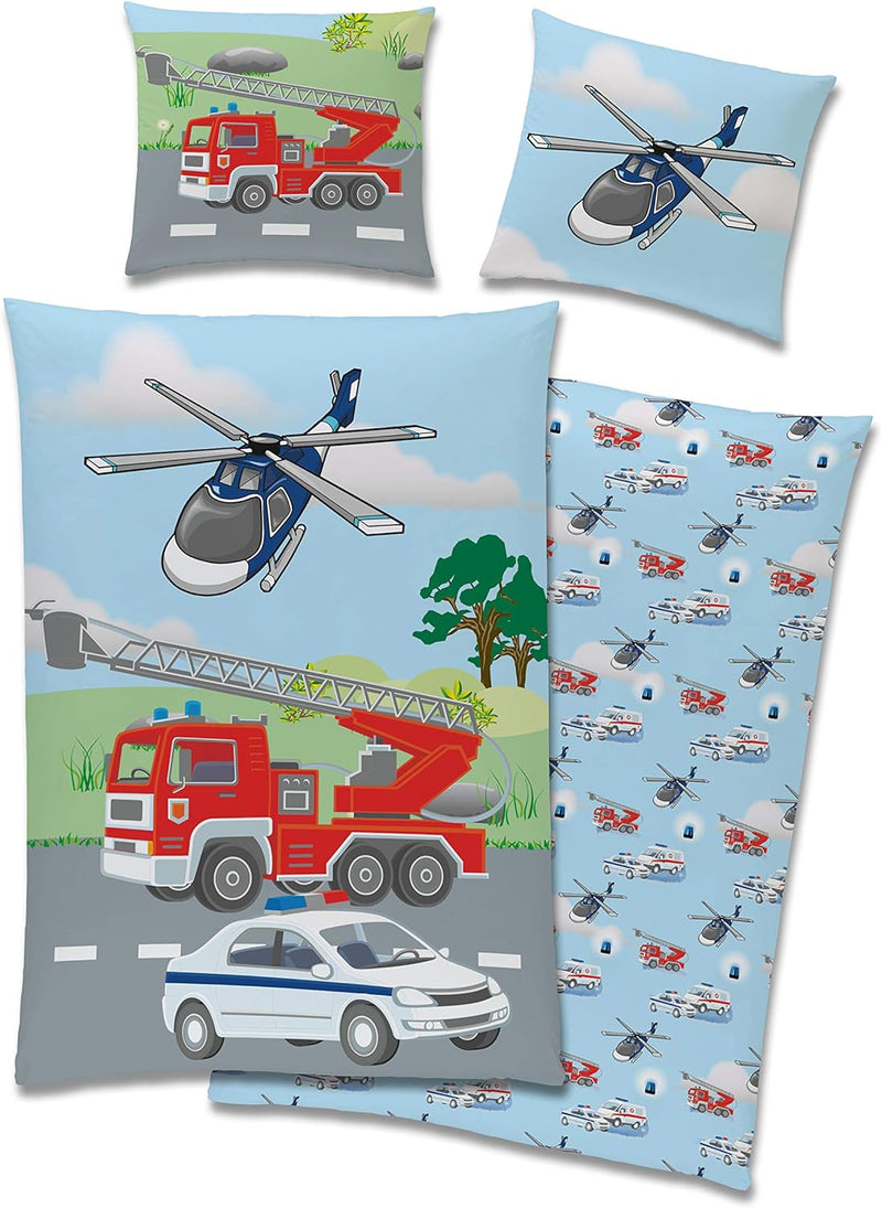 TexIdea Polizei Feuerwehr Bettwäsche Set · Wende-Motiv · Bett-bezug 135x200 cm · Kopfkissen-bezug 80