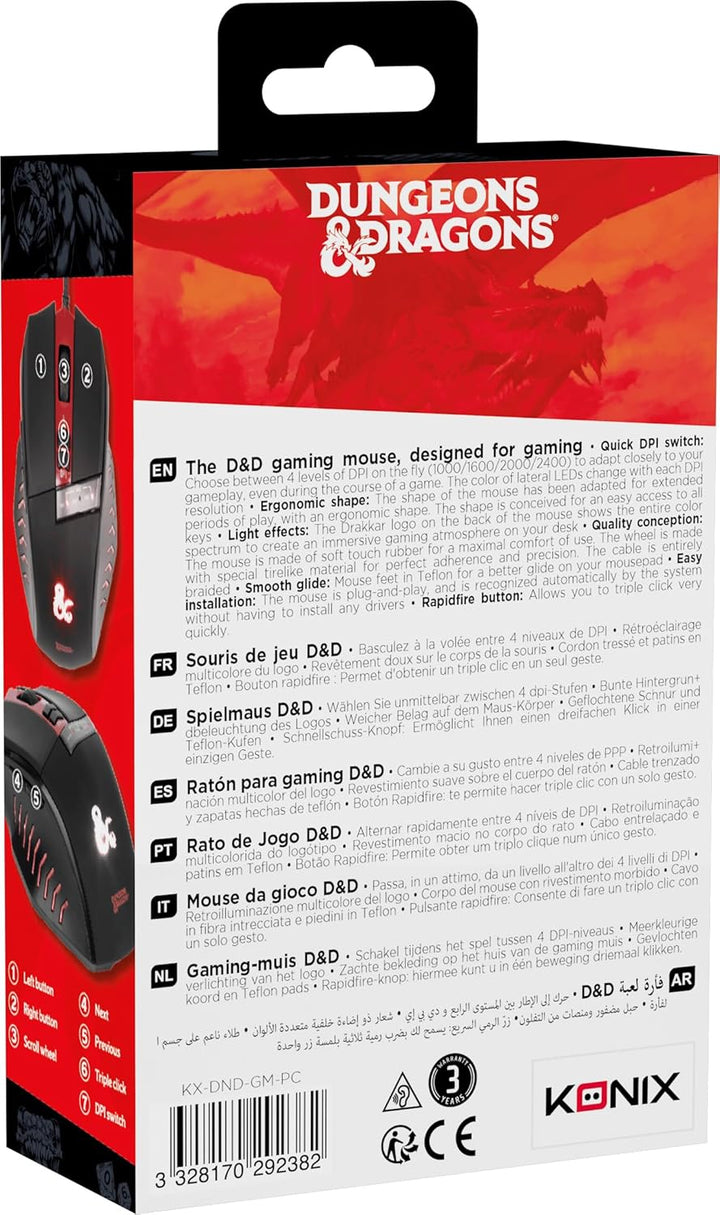 Konix Dungeons &amp; Dragons Gaming-Maus für PC - 6 Tasten - 1,8 m Kabel - USB-Anschluss - Schwarz und R