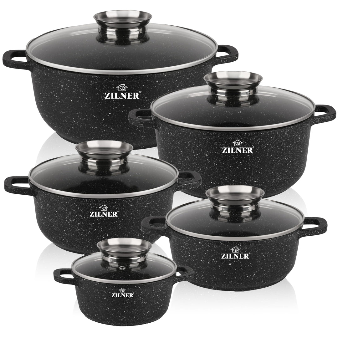 Topfset Induktion 10-Teilig mit Glasdeckel | Kochtopf Set 5 Töpfen aus Aluminiumguss | 5x Kochtöpfe