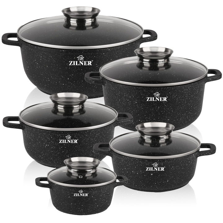 Topfset Induktion 10-Teilig mit Glasdeckel | Kochtopf Set 5 Töpfen aus Aluminiumguss | 5x Kochtöpfe