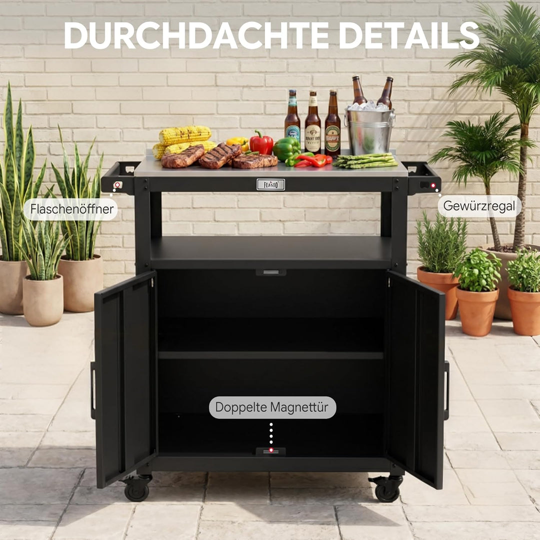 Feasto Servierwagen mit Rollen, Grillwagen mit Schrank, Edelstahlplatte, Outdoor Küche für Terrasse