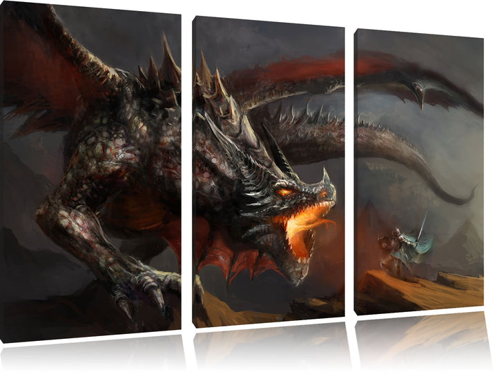 Pixxprint Kampf zwischen Mensch und Drache als Leinwandbild | Grösse: 3 Teilig (120x80) | Wandbild|