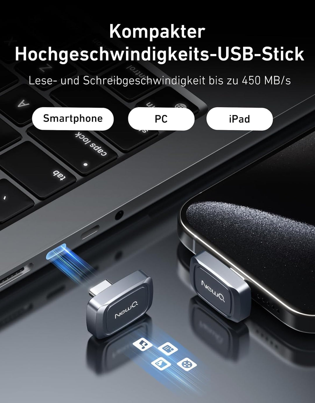 NEWQ USB-C Stick, UFS Speicher, Ultra Kompakter Low-Profile USB-C Speicherstick 450 MB/s Schreibgesc