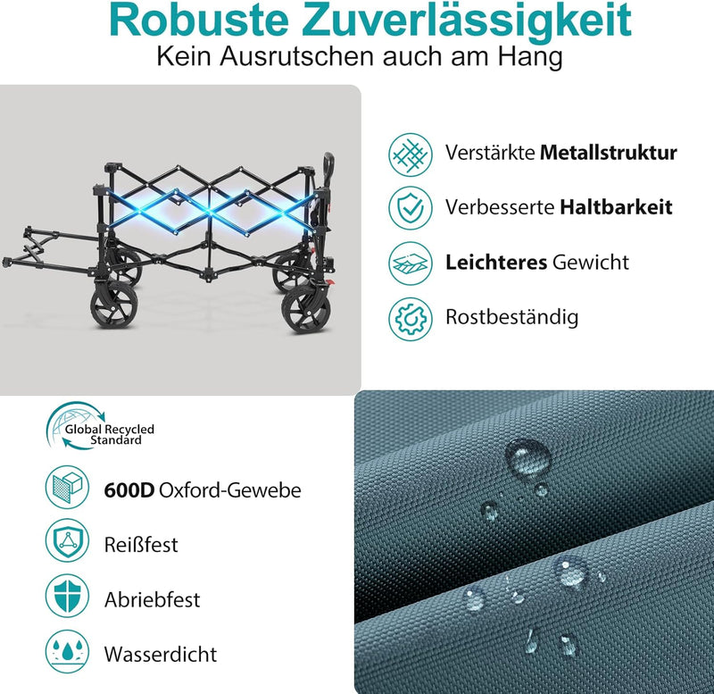 Sekey XXL Bollerwagen Faltbar mit Erweiterbarer Heckklappe 135L & 200L, Faltbarer Bollerwagen Klappb