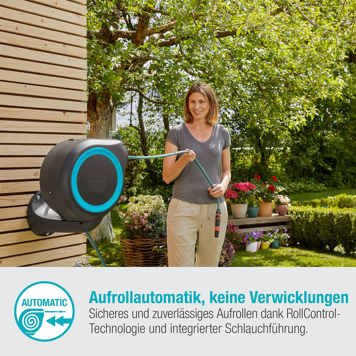 Gardena Wand-Schlauchbox RollUp S (türkis) 15 m: Flexible Bewässerung für kleine Gärten, schwenkbare
