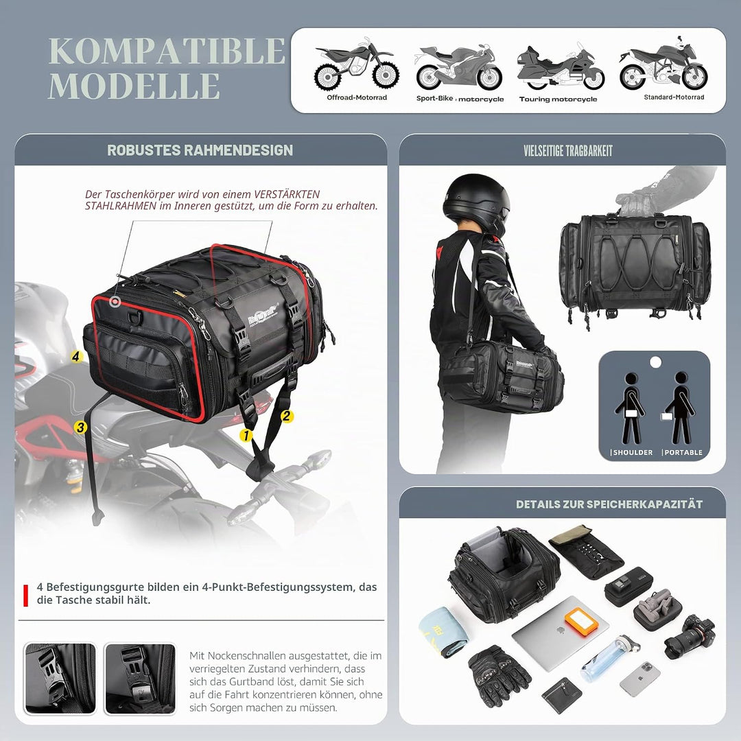 Rhinowalk Motorrad Sitztaschen 19-26L Wasserdicht Motor Rücksitztasche Gepäcktasche Hecktasche Erwei