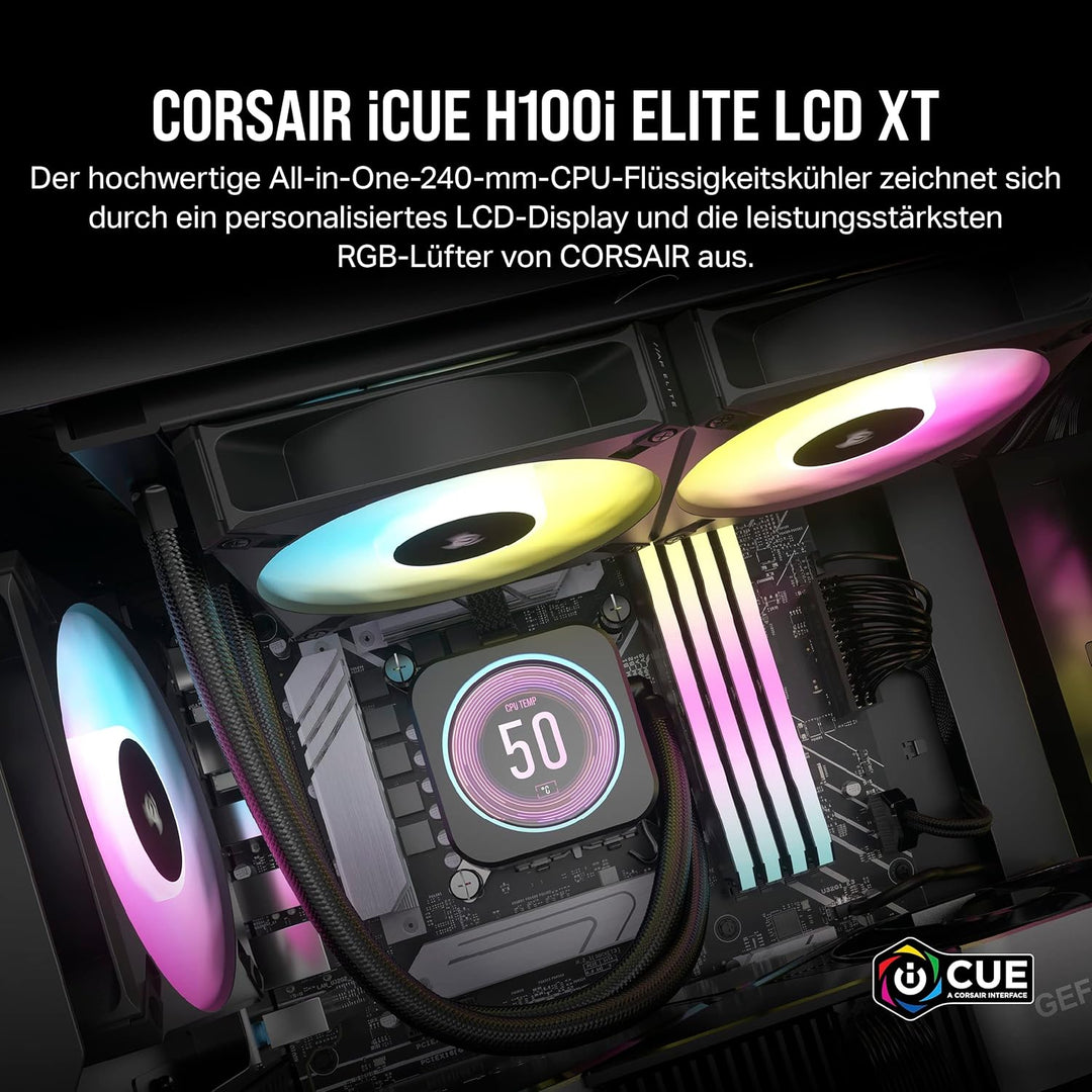 Corsair iCUE H100i Elite LCD XT Flüssig-CPU-Kühler - IPS-LCD-Bildschirm - Zwei AF120 RGB Elite-Lüfte