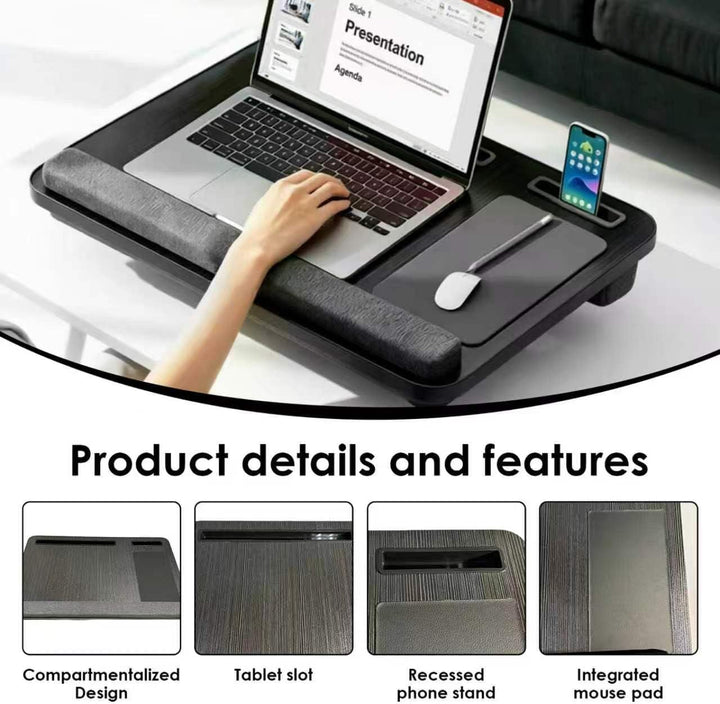 Laptopkissen für Bett mit Handgelenkauflage, bis 16" (Schwarz) | Tablet &amp; Handyhalter und Mausunterl