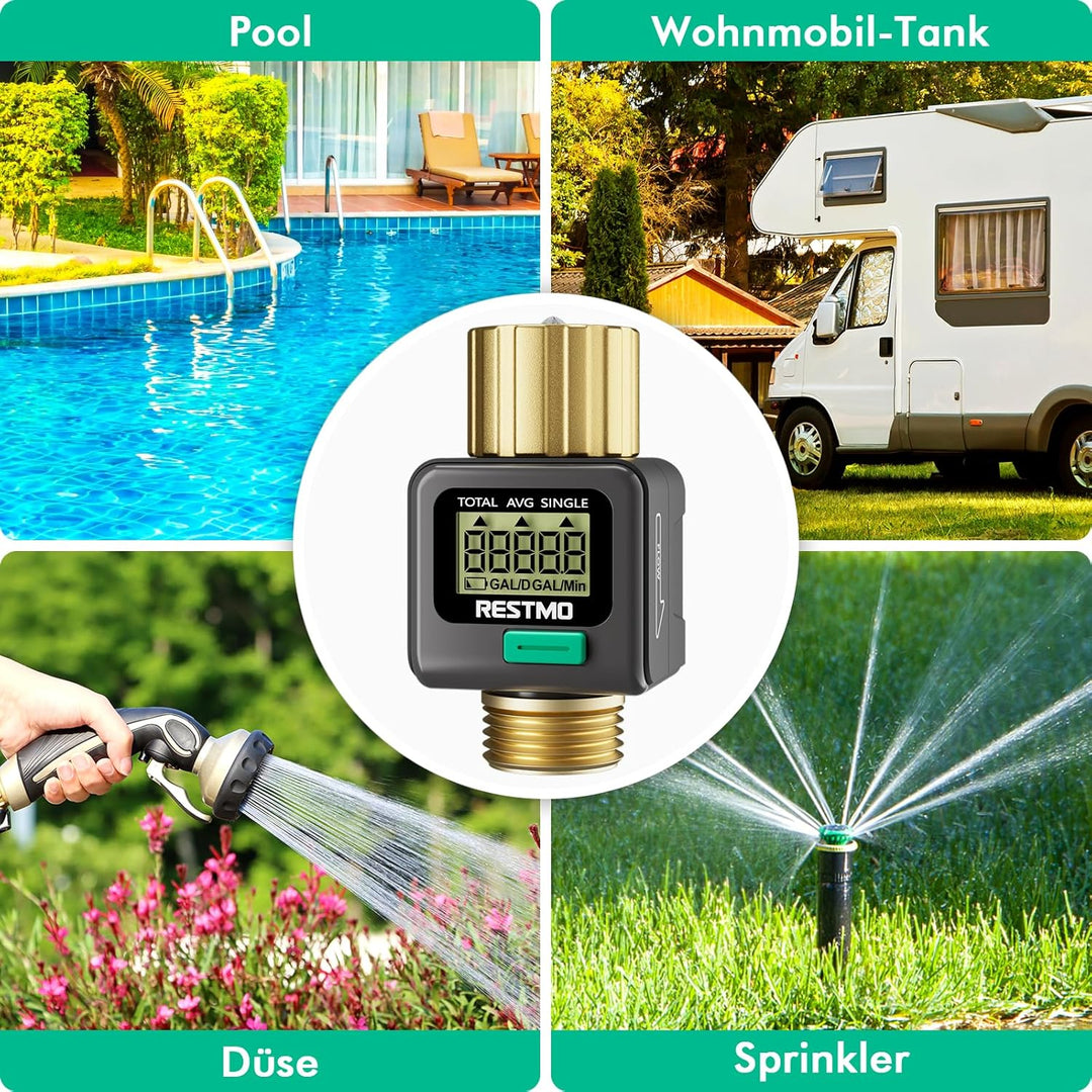 RESTMO Wasserdurchflussmesser mit Messing-EIN- und Auslassanschlüssen, Messung in Gallone/Liter für