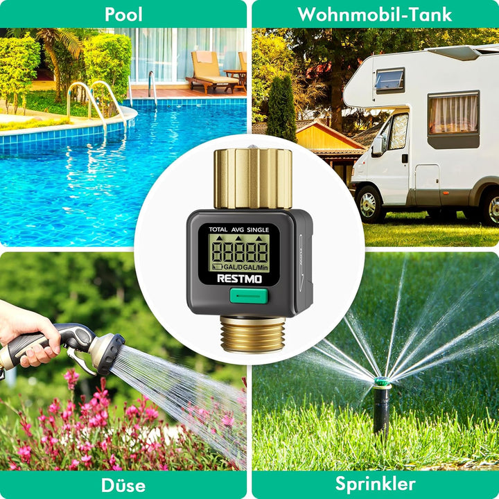 RESTMO Wasserdurchflussmesser mit Messing-EIN- und Auslassanschlüssen, Messung in Gallone/Liter für