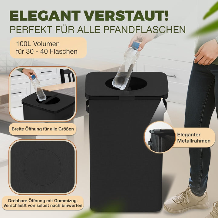 Pfandflaschen Sammelbehälter Metallrahmen mit Tragetasche, Reissverschluss und Drehdeckel am Pfandfl