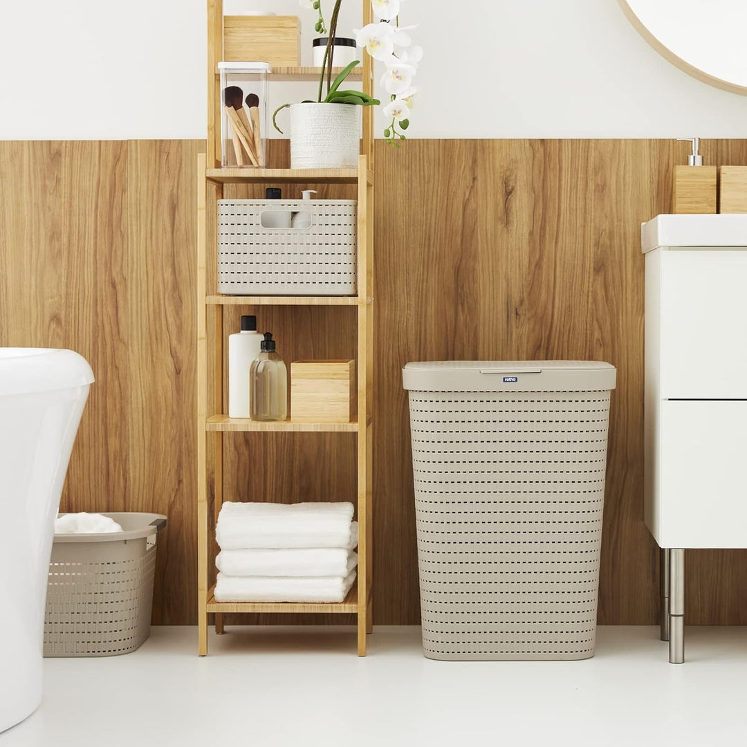 Rotho Country Wäschesammler Kunststoff mit Deckel 55l | Wäschekorb schmall in Rattan-Optik | Deckel