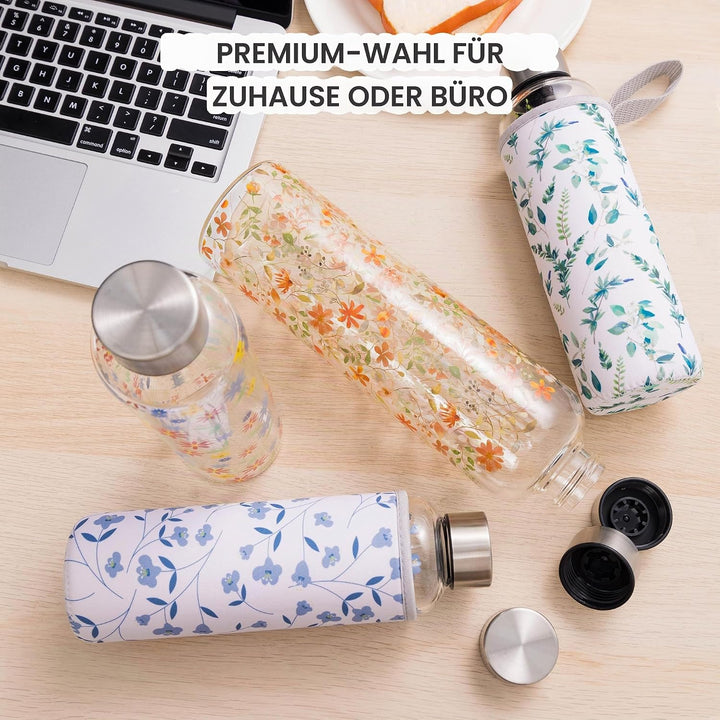 Autsel 500ml Glasflasche Trinkflasche Glas Sport Borosilikat Glass Bottle Wasser Flasche mit Neopren
