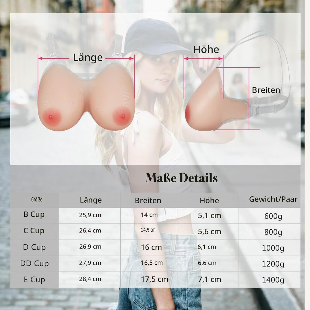 Windsleeping Silikon Brustprothese mit Trägern, Mastektomie-Prothese, Fake Brüste Nackt DD, Nackt DD