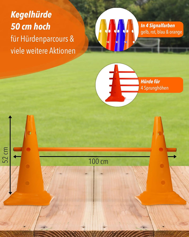 Kombi Kegel-Hürde 50 mit Stangen 100 cm – 4er Set – Parcours-Hindernis für Agility Training – Sprung