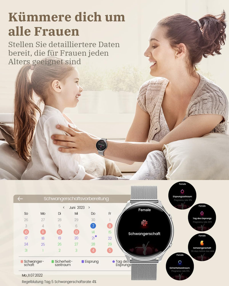 RUXINGX Smartwatch Damen mit Telefonfunktion, HD Voll Touchscreen, Armbanduhr mit 120 Sportmodi Puls