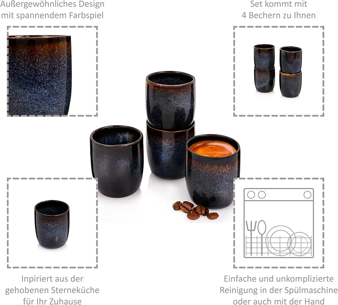 Espressobecher Tokio 4 tgl, Espresso Cups 4 Personen, Steingut Espressotassen Set Spülmaschinenfest,