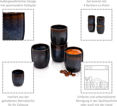 Espressobecher Tokio 4 tgl, Espresso Cups 4 Personen, Steingut Espressotassen Set Spülmaschinenfest,