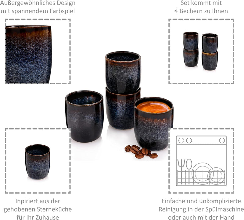 Espressobecher Tokio 4 tgl, Espresso Cups 4 Personen, Steingut Espressotassen Set Spülmaschinenfest,