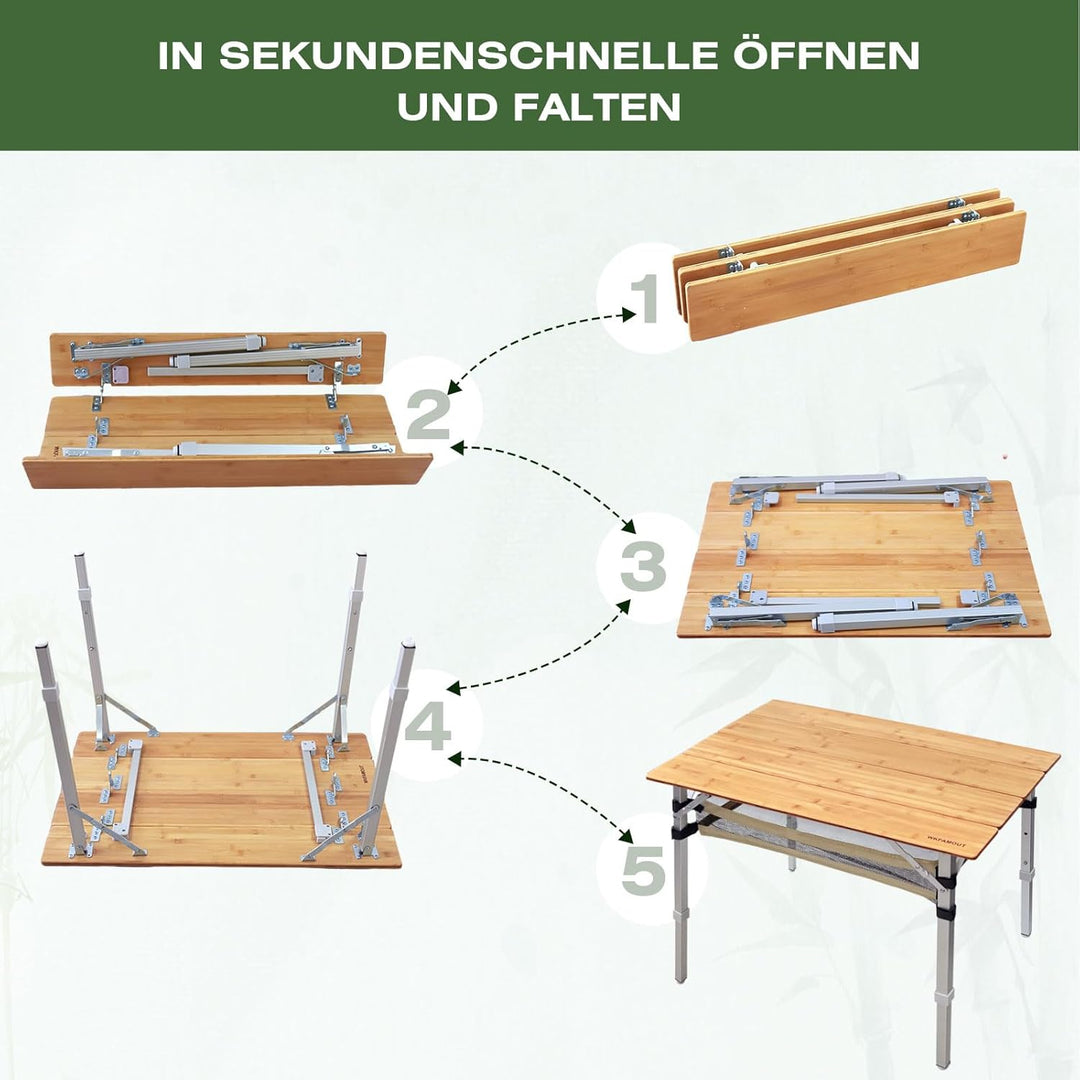 WKFAMOUT Klapptisch Campingtisch Bambus Klappbar Höhenverstellbar 80x55 cm Outdoor Gartentisch 4 Fal