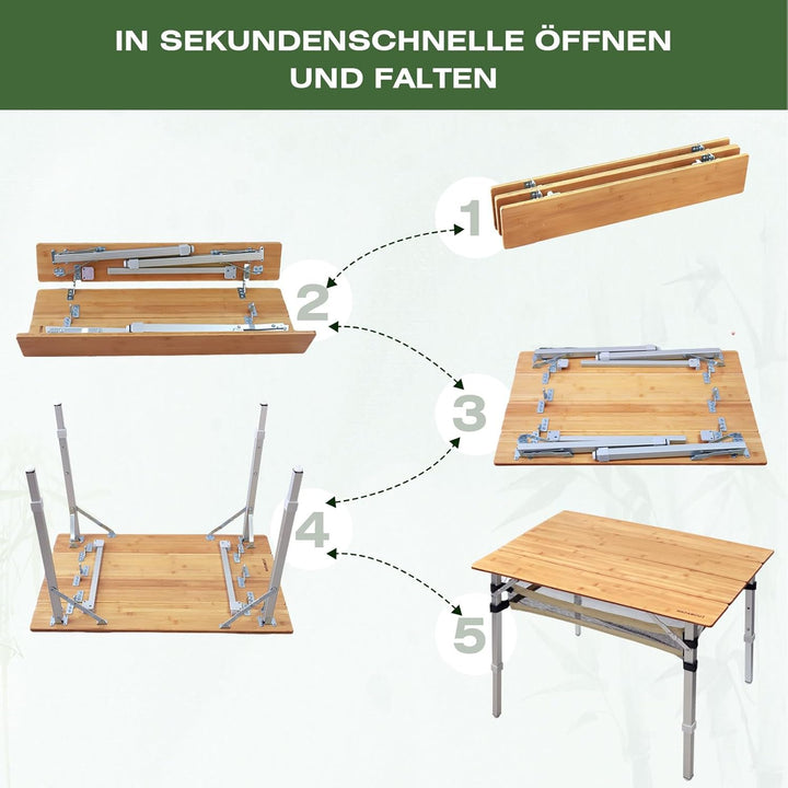 WKFAMOUT Klapptisch Campingtisch Bambus Klappbar Höhenverstellbar 80x55 cm Outdoor Gartentisch 4 Fal