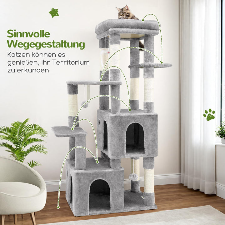 Globlazer Kratzbaum für 3-5 Grosse Katzen 156 cm mit 2 Extragross Katzenhaus 45 * 40 * 35CM, Grosse