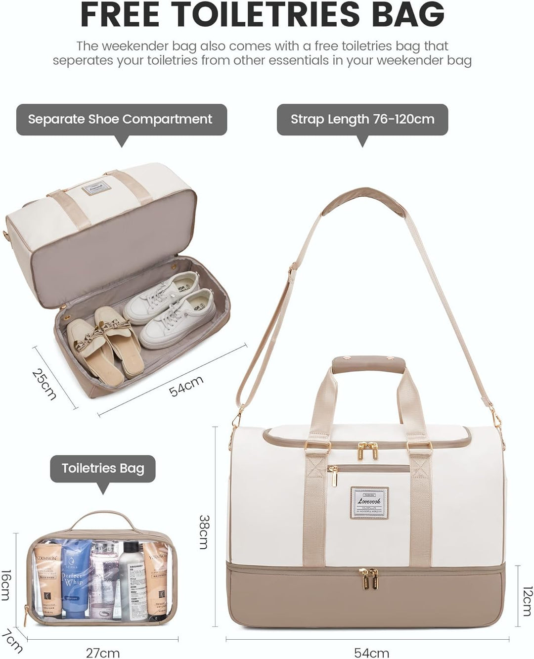 LOVEVOOK Reisetasche Handgepäck, 50L Gross Weekender Travel Duffle Carry on Bag mit Kulturtasche, Sc