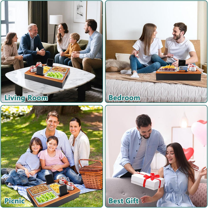 Foydream Couchbar Snackbox, Sofa Tablett Holz mit 3 Snackschalen, 2 Getränkehalter and Handyhalterun