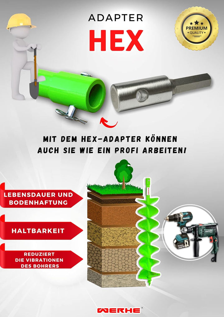 WERHE Profi Adapter Shaft für Erdbohrer passend für Hex Bohrmaschine Akkubohrmaschine Akkuschrauber