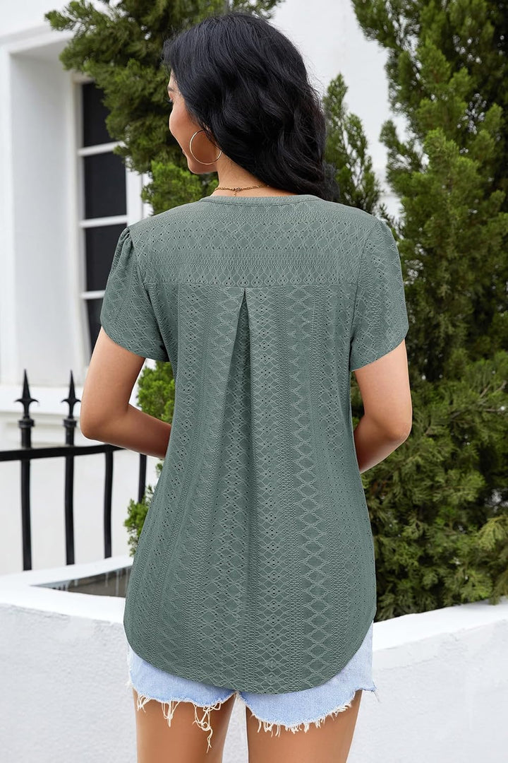 Siddhe Damen Bluse Kurzarm T-Shirts V-Ausschnitt Elegant Lässig Tunika Oberteil Locker Longshirt M (