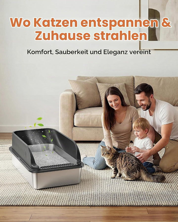 2er Set Katzenklo Edelstahl, Katzentoilette Gross XXL mit Schaufel, Katzenklo mit Abnehmbares Hoher