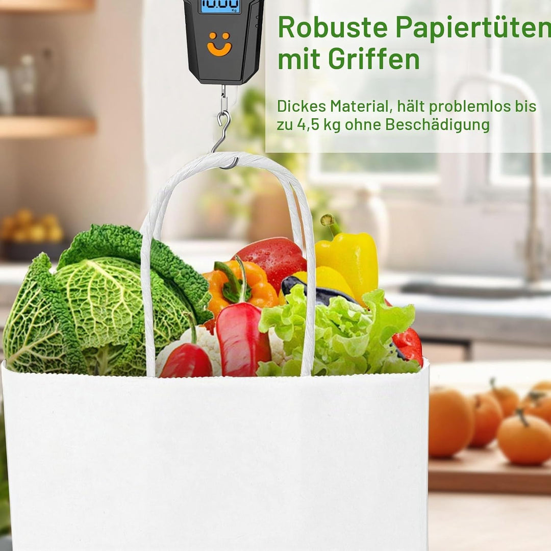 Gucass 50 Stück Gross Papiertüten mit Henkel, Weiss Kraft Papiertaschen Geschenktüten, 26x12x33cm Pa