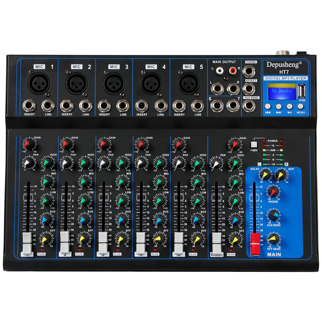 Depusheng HT7 Tragbarer Bluetooth-Audio-Mixer mit USB-DJ-Sound-Mischpult MP3-Buchse 48-V-Stromversor