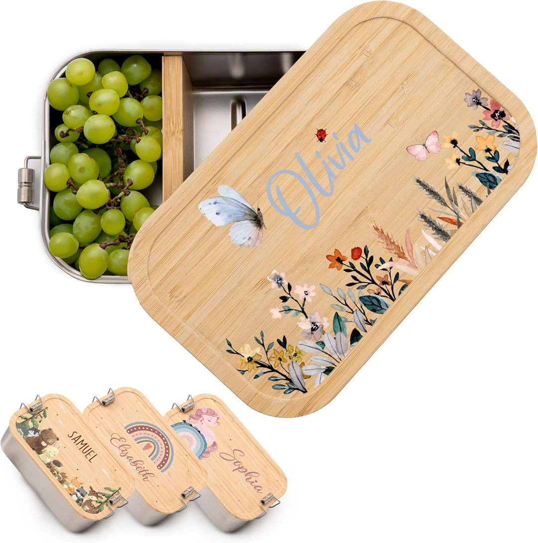 Kidsmood - Personalisierte Brotdose Kinder mit Fächern, Edelstahl Lunchbox mit Bambusdeckel | Schads