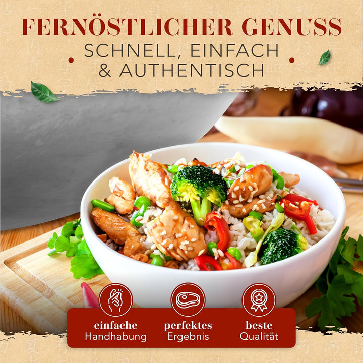 KRUSTENZAUBER 30cm Wokpfanne Induktion flacher Boden - Traditionelle Stahlwokpfanne mit Wokwender u.